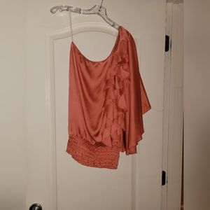 Women's Coral/Peach One Shoulder Shirt with Ruffles and Elastic Waist